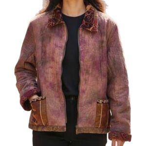 City Girl Silk Quilted Jacket Artsy Floral Abstract Sz Large Velvet Collar/Cuffs